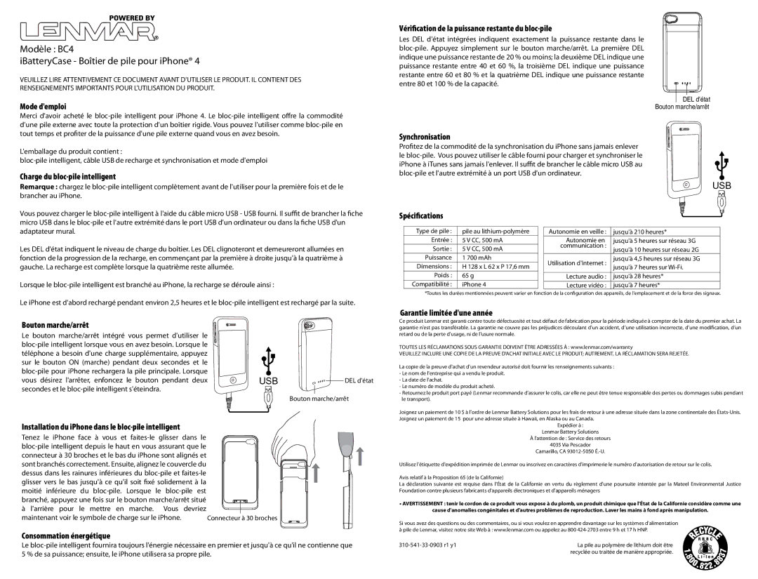 Lenmar Enterprises owner manual Modèle BC4 IBatteryCase Boîtier de pile pour iPhone 