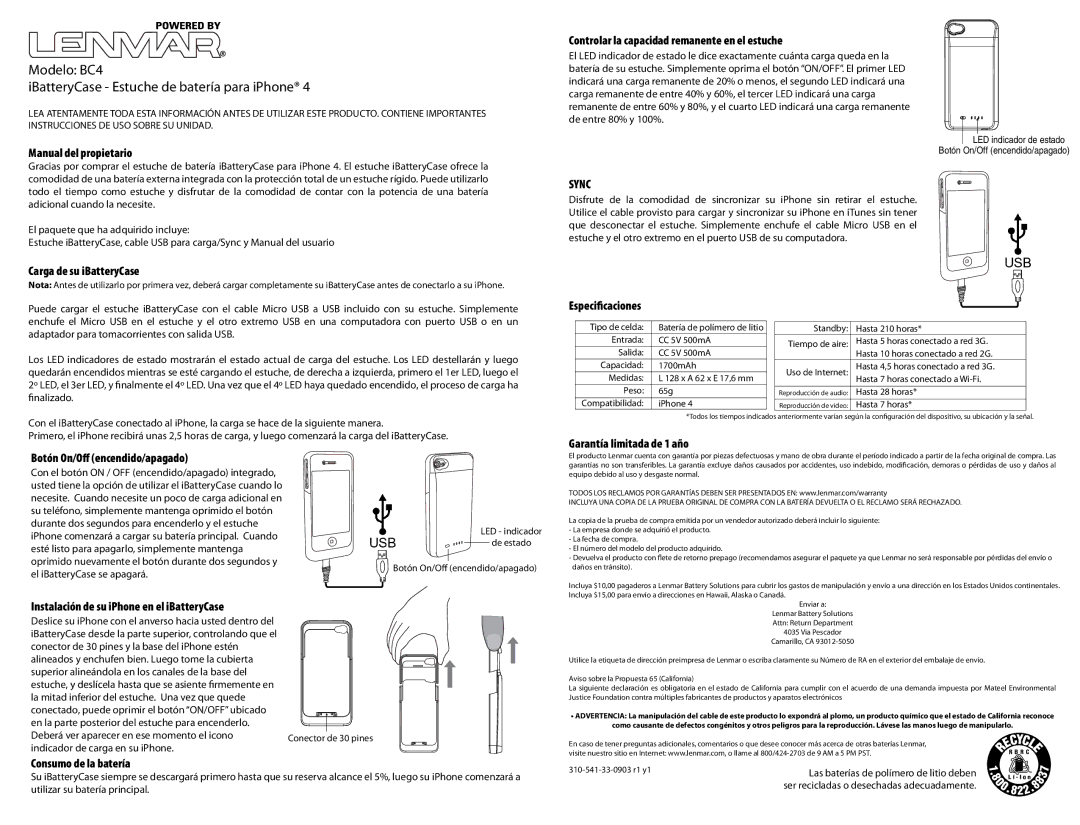 Lenmar Enterprises owner manual Modelo BC4 IBatteryCase Estuche de batería para iPhone 