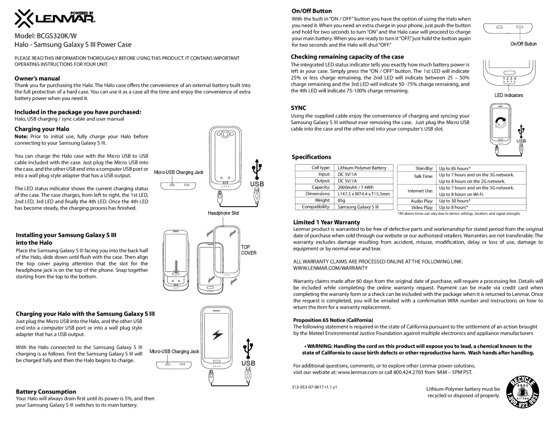 Lenmar Enterprises BCGS320K/W owner manual On/Off Button, Checking remaining capacity of the case, Specifications 