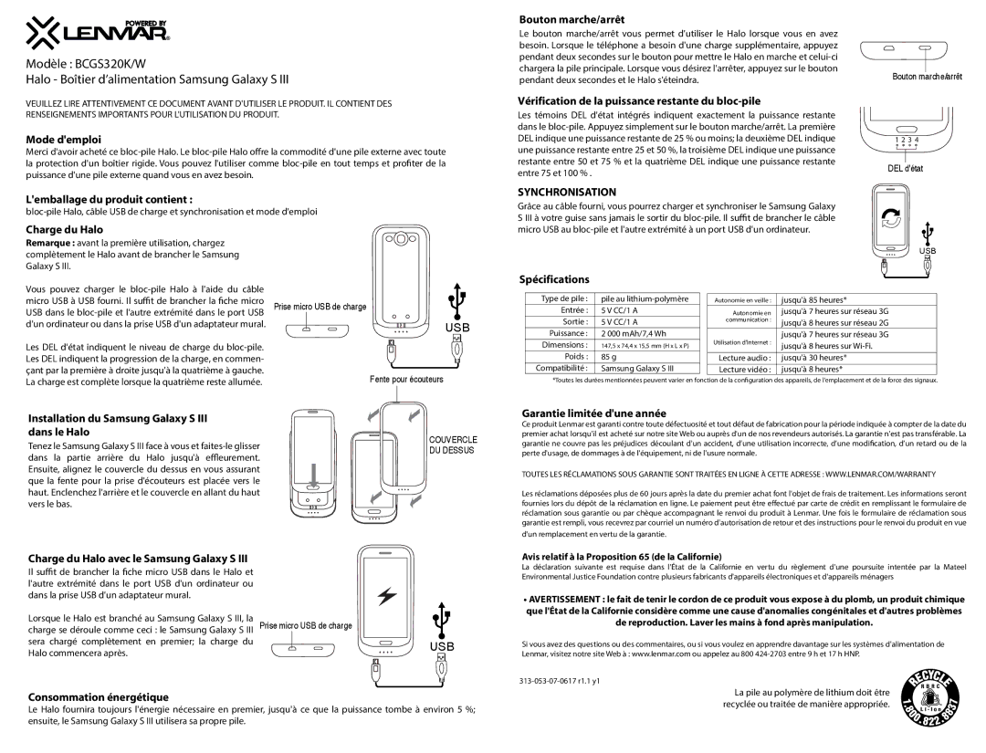 Lenmar Enterprises BCGS320K/W Mode demploi, Lemballage du produit contient, Bouton marche/arrêt, Charge du Halo 