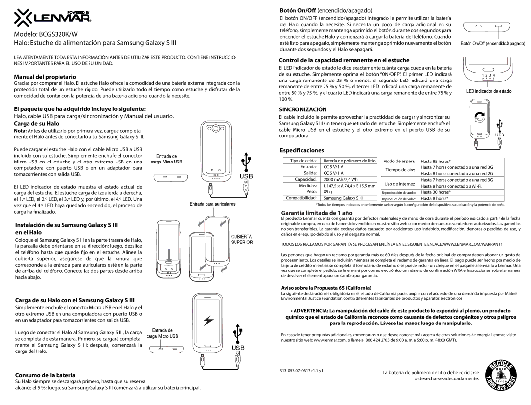 Lenmar Enterprises BCGS320K/W Manual del propietario, El paquete que ha adquirido incluye lo siguiente, Carga de su Halo 