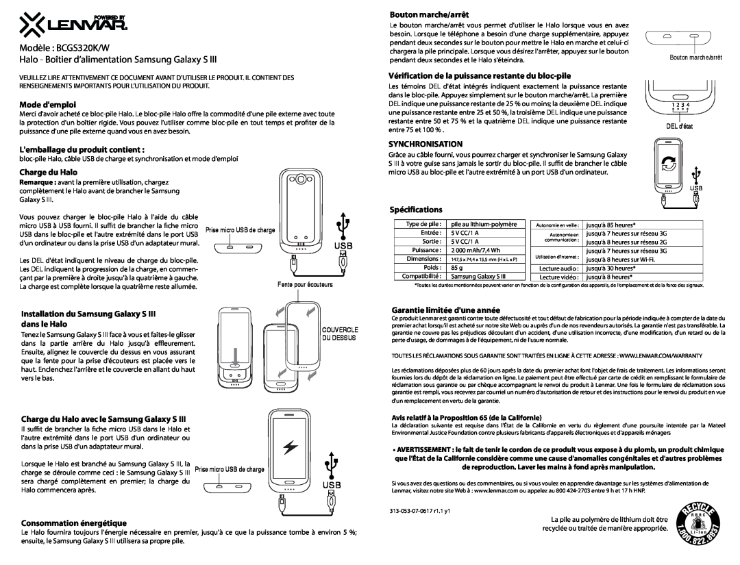 Lenmar Enterprises owner manual Modèle BCGS320K/W Halo - Boîtier d’alimentation Samsung Galaxy S 