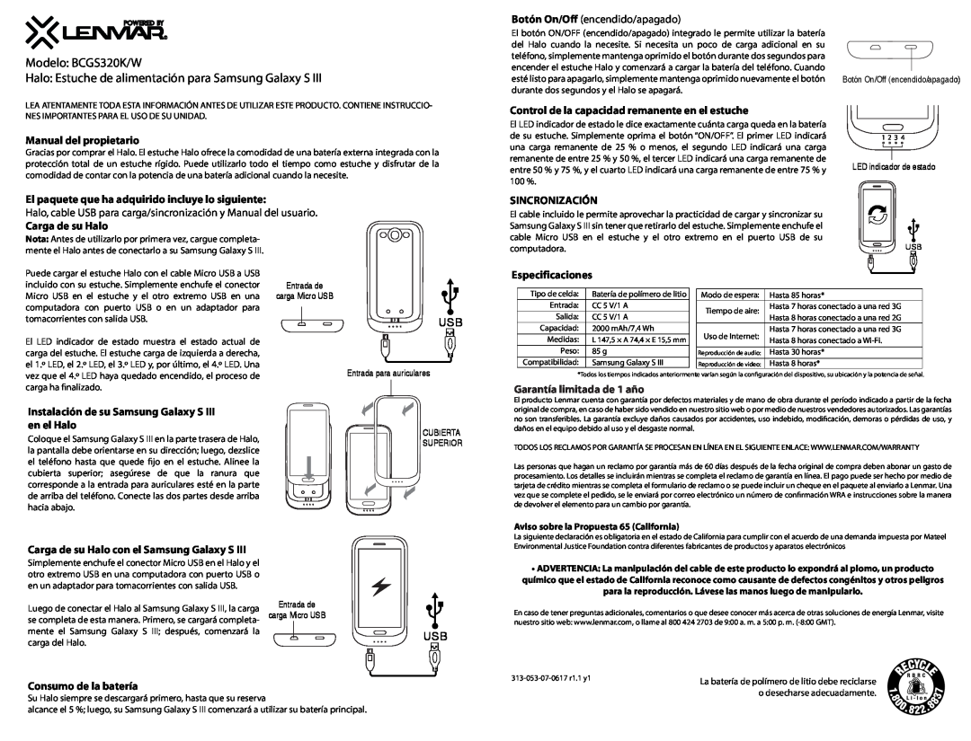 Lenmar Enterprises Modelo BCGS320K/W Halo Estuche de alimentación para Samsung Galaxy S, Garantía limitada de 1 año 