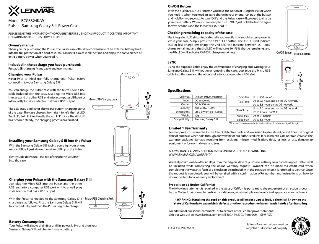 Lenmar Enterprises BCGS324K/W owner manual On/Off Button, Checking remaining capacity of the case, Specifications 