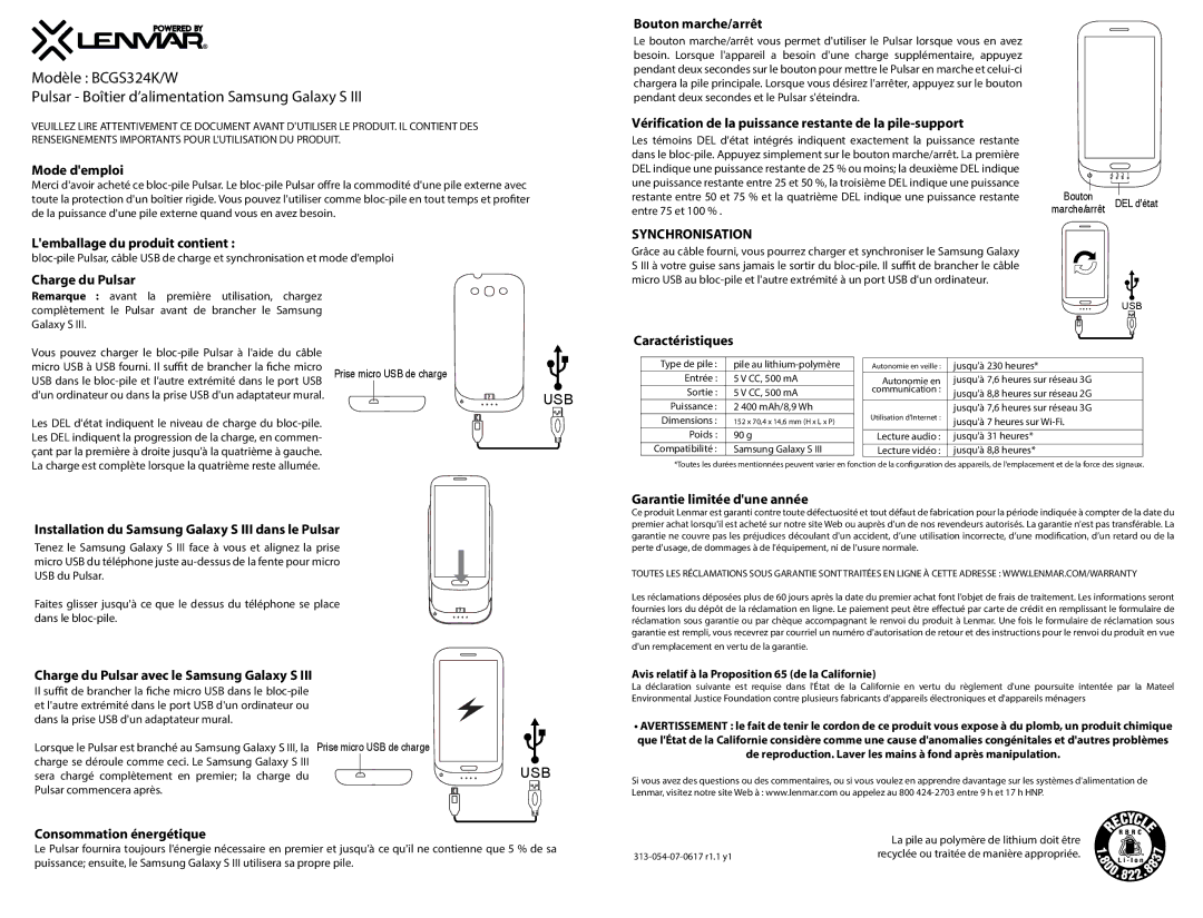 Lenmar Enterprises BCGS324K/W Mode demploi, Lemballage du produit contient, Charge du Pulsar, Bouton marche/arrêt 