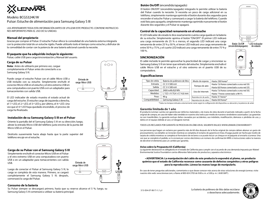 Lenmar Enterprises BCGS324K/W Manual del propietario, Carga de su Pulsar, Especificaciones, Consumo de la batería 