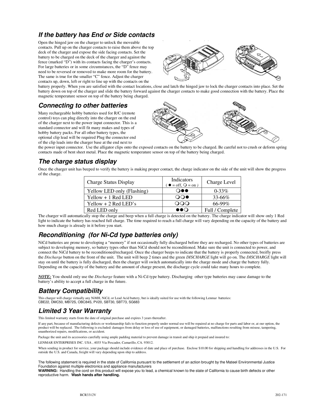 Lenmar Enterprises BCR3312V If the battery has End or Side contacts, Connecting to other batteries, Charge status display 