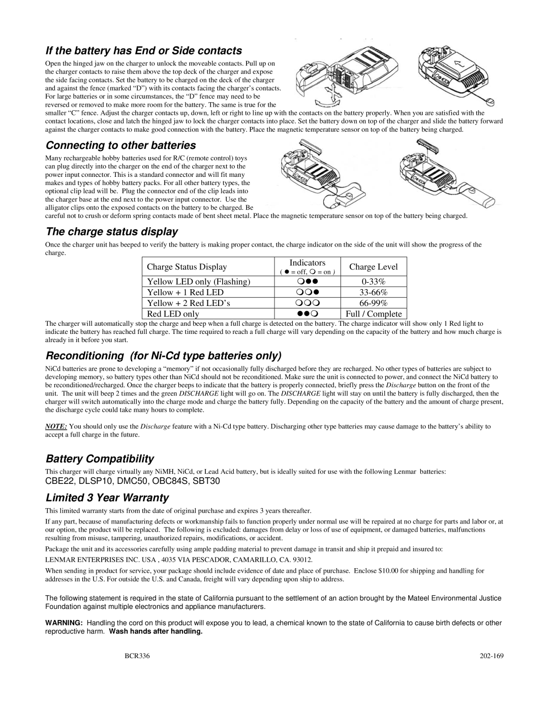 Lenmar Enterprises BCR336 If the battery has End or Side contacts, Connecting to other batteries, Charge status display 