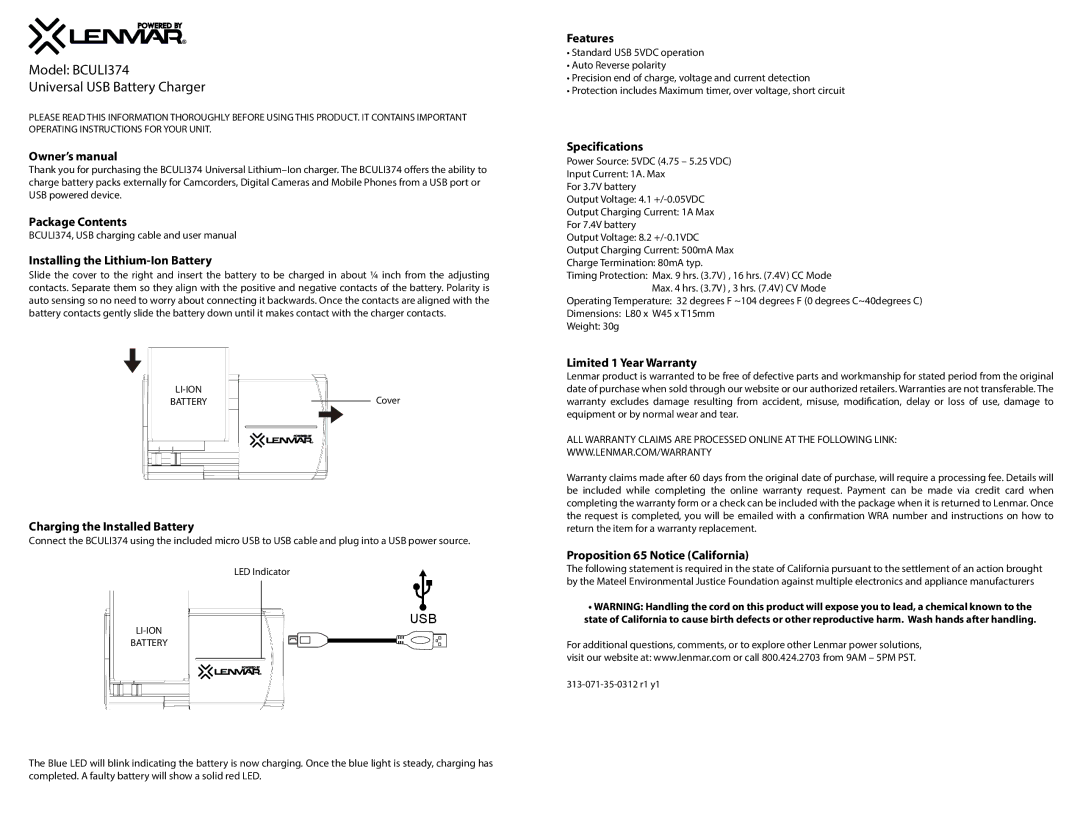 Lenmar Enterprises BCULI374 owner manual Package Contents Installing the Lithium-Ion Battery, Features, Specifications 