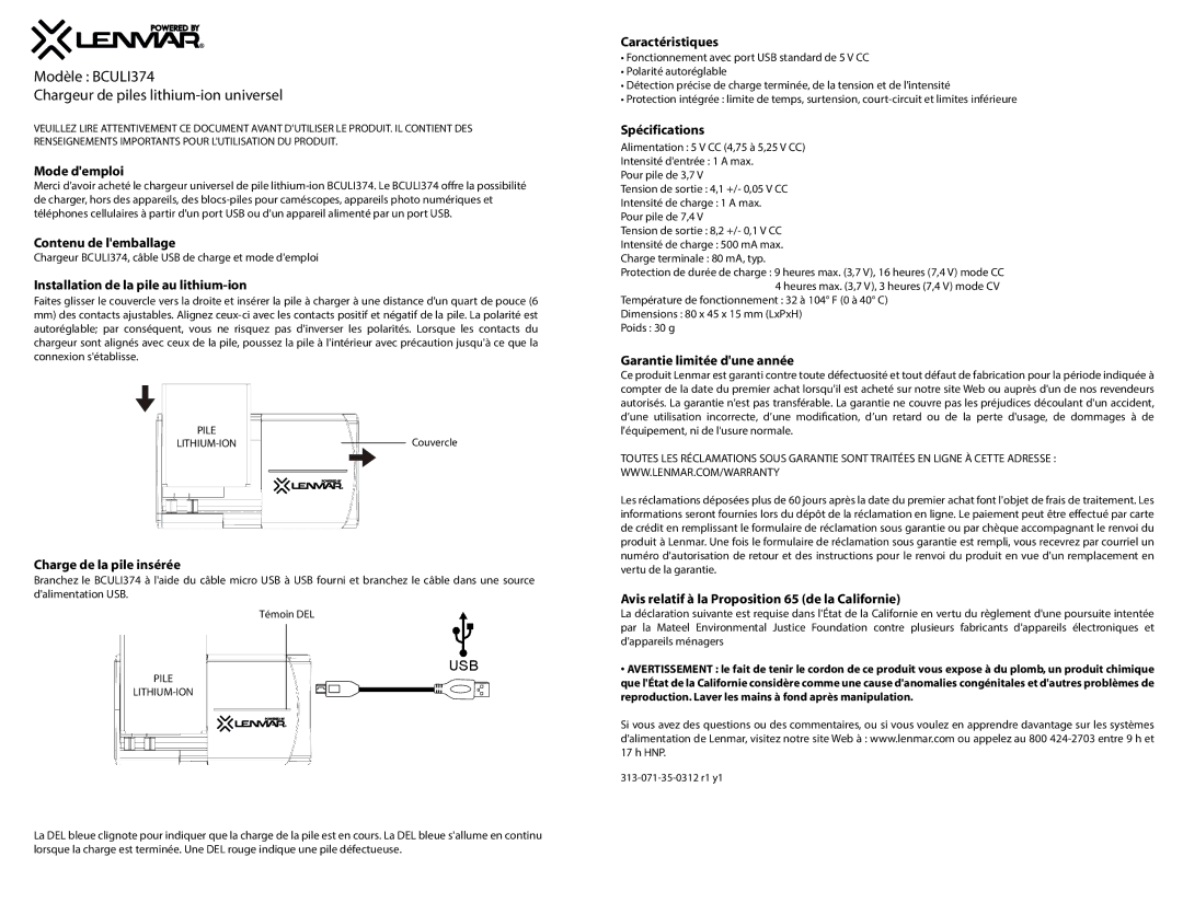 Lenmar Enterprises BCULI374 Mode demploi, Contenu de lemballage, Installation de la pile au lithium-ion, Caractéristiques 