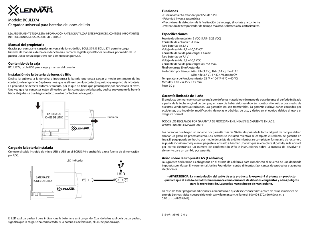 Lenmar Enterprises BCULI374 Manual del propietario, Contenido de la caja, Instalación de la batería de iones de litio 