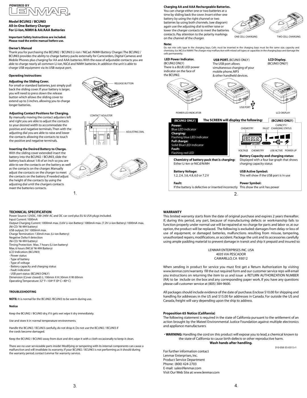 Lenmar Enterprises BCUNI2 important safety instructions Technical Specification, BCUNI3 only, Warranty 