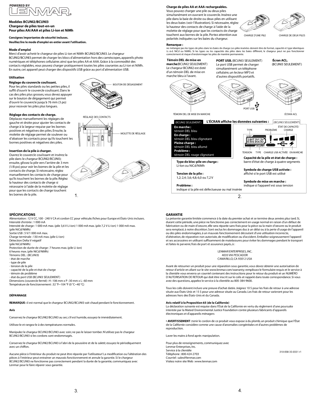 Lenmar Enterprises BCUNI3, BCUNI2 important safety instructions Spécifications, Garantie 