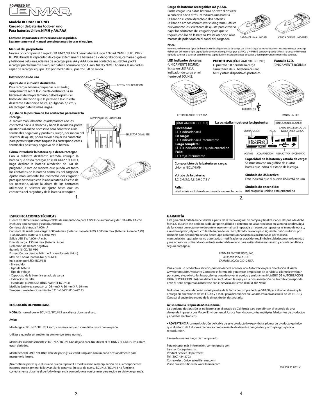 Lenmar Enterprises BCUNI2, BCUNI3 important safety instructions Especificaciones Técnicas, Garantía 