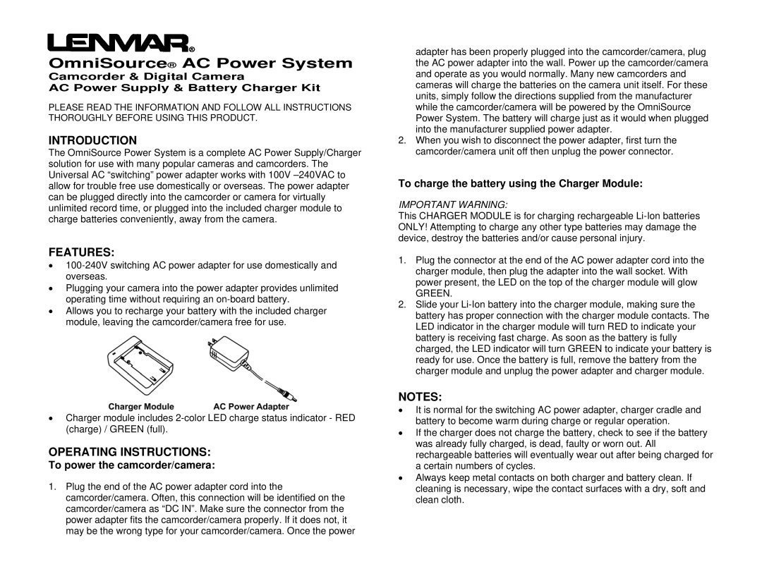 Lenmar Enterprises Camcorder & Digital Camera operating instructions Introduction, Features, Operating Instructions 