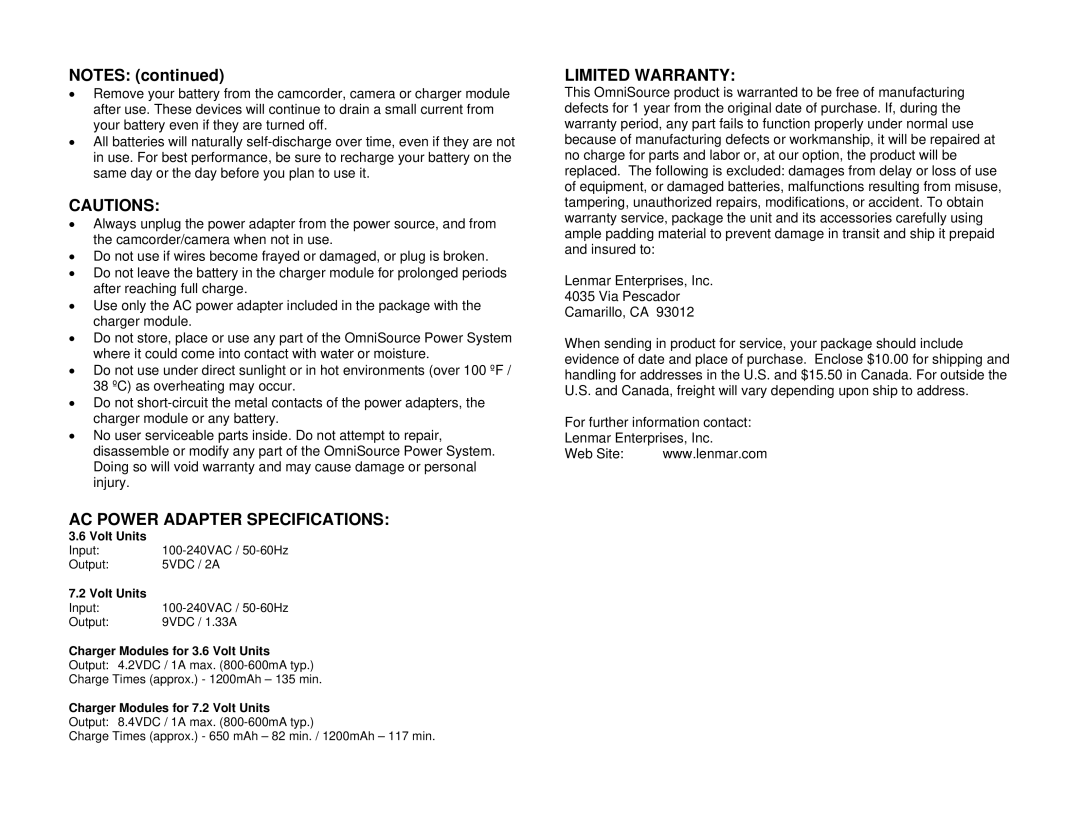 Lenmar Enterprises Camcorder & Digital Camera operating instructions AC Power Adapter Specifications, Limited Warranty 