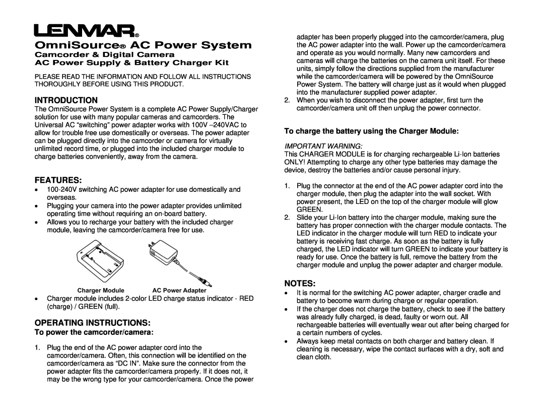 Lenmar Enterprises Camcorder & Digital Camera operating instructions Introduction, Features, Operating Instructions 