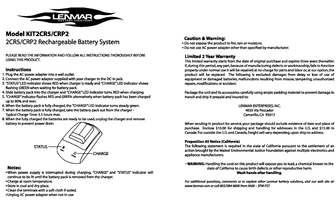 Lenmar Enterprises KIT2CR5/CRP2 manual 