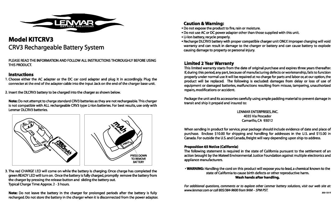 Lenmar Enterprises KITCRV3 manual 