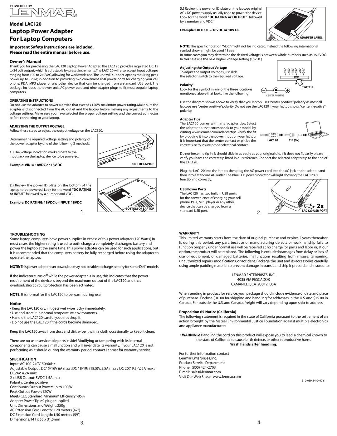 Lenmar Enterprises LAC120 important safety instructions Operating Instructions, Adjusting the Output Voltage, Warranty 