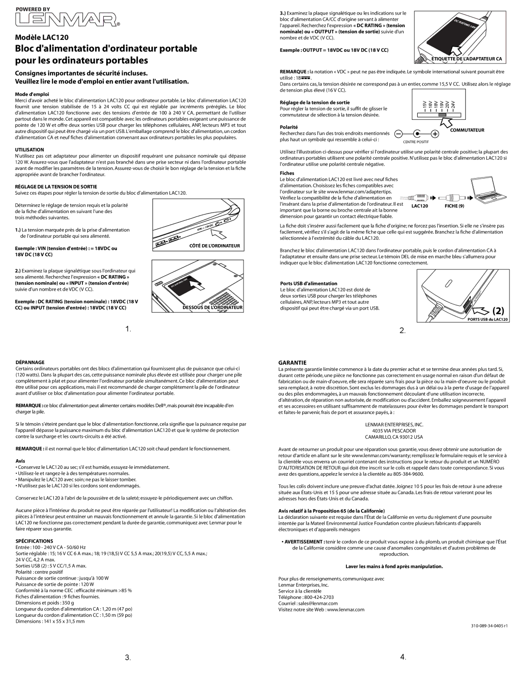 Lenmar Enterprises LAC120 Garantie, Utilisation, Réglage DE LA Tension DE Sortie, Dépannage, Spécifications 