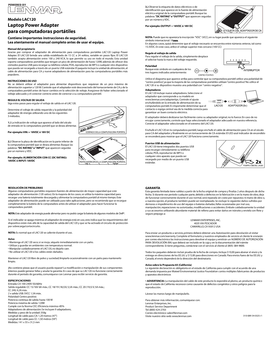 Lenmar Enterprises LAC120 Garantía, Instrucciones DE USO, Regule EL Voltaje DE Salida, Resolución DE Problemas 