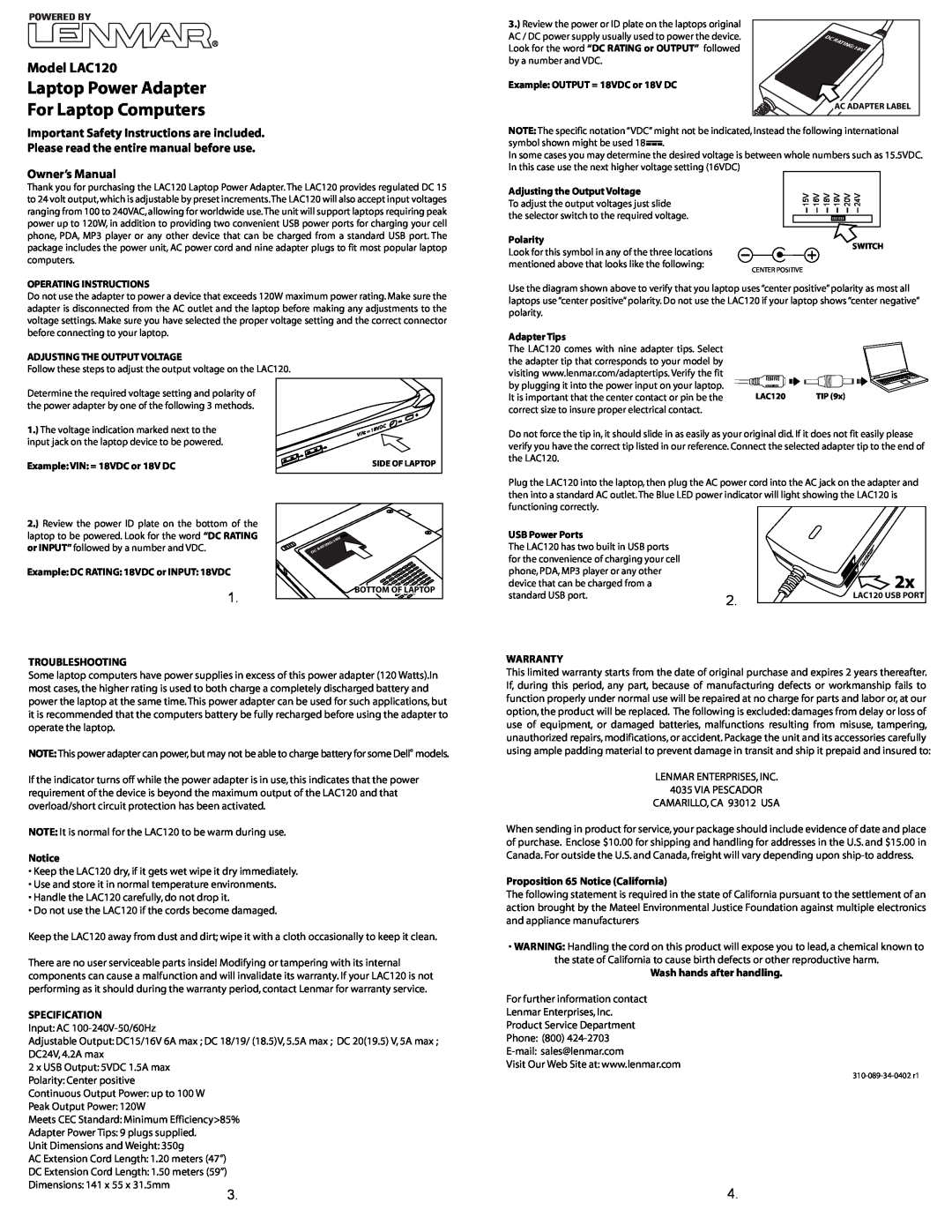 Lenmar Enterprises important safety instructions Laptop Power Adapter For Laptop Computers, Model LAC120 