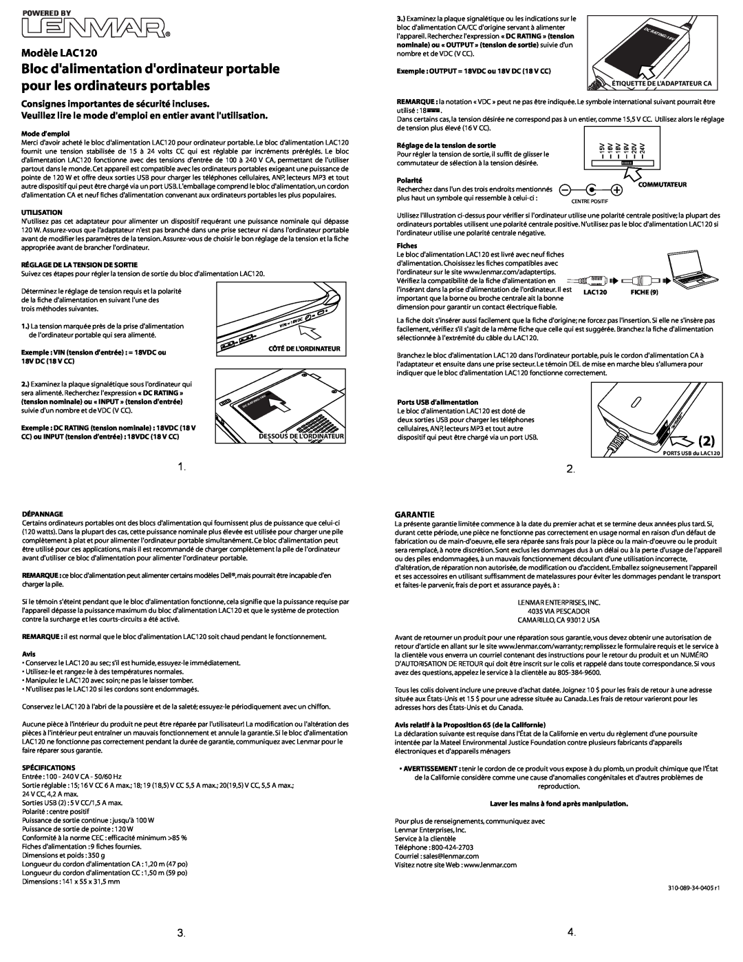 Lenmar Enterprises important safety instructions Modèle LAC120, Consignes importantes de sécurité incluses, Powered By 