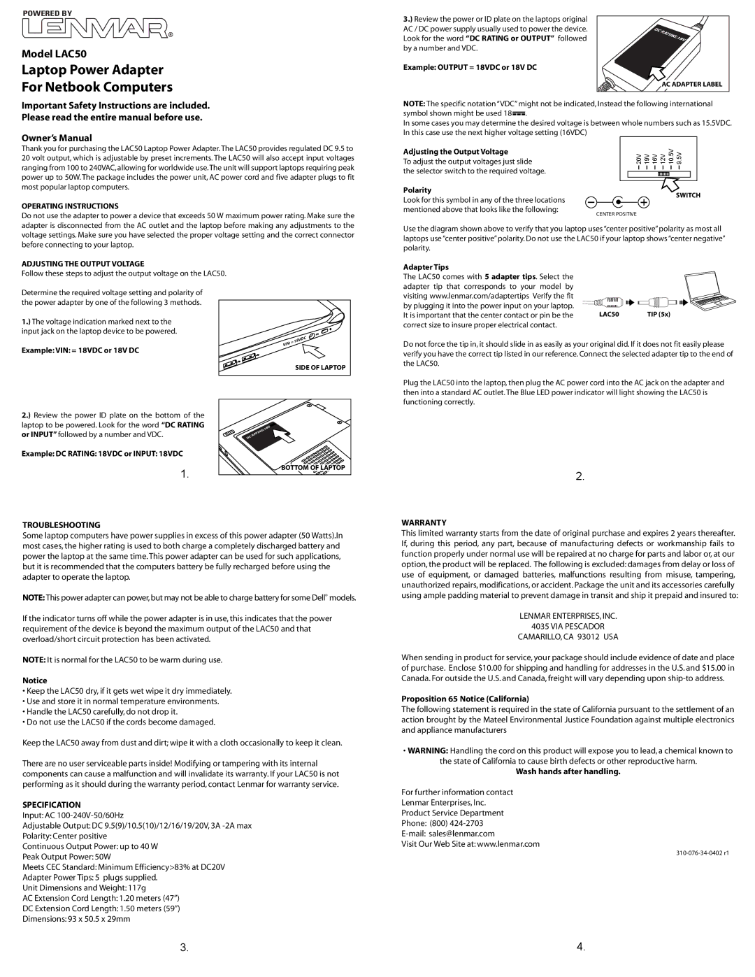 Lenmar Enterprises LAC50 important safety instructions Operating Instructions, Adjusting the Output Voltage, Specification 