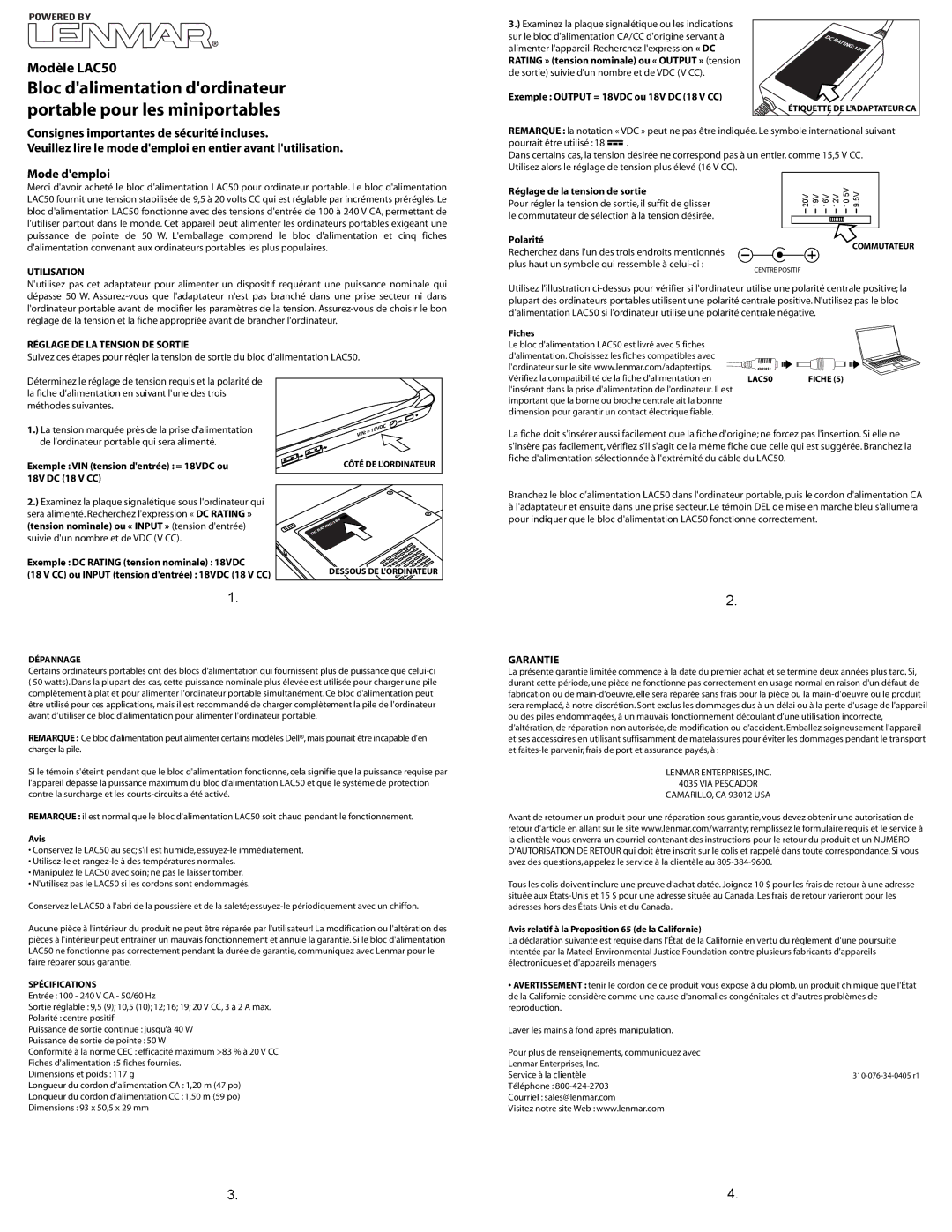 Lenmar Enterprises LAC50 important safety instructions Utilisation, Réglage DE LA Tension DE Sortie, Garantie 