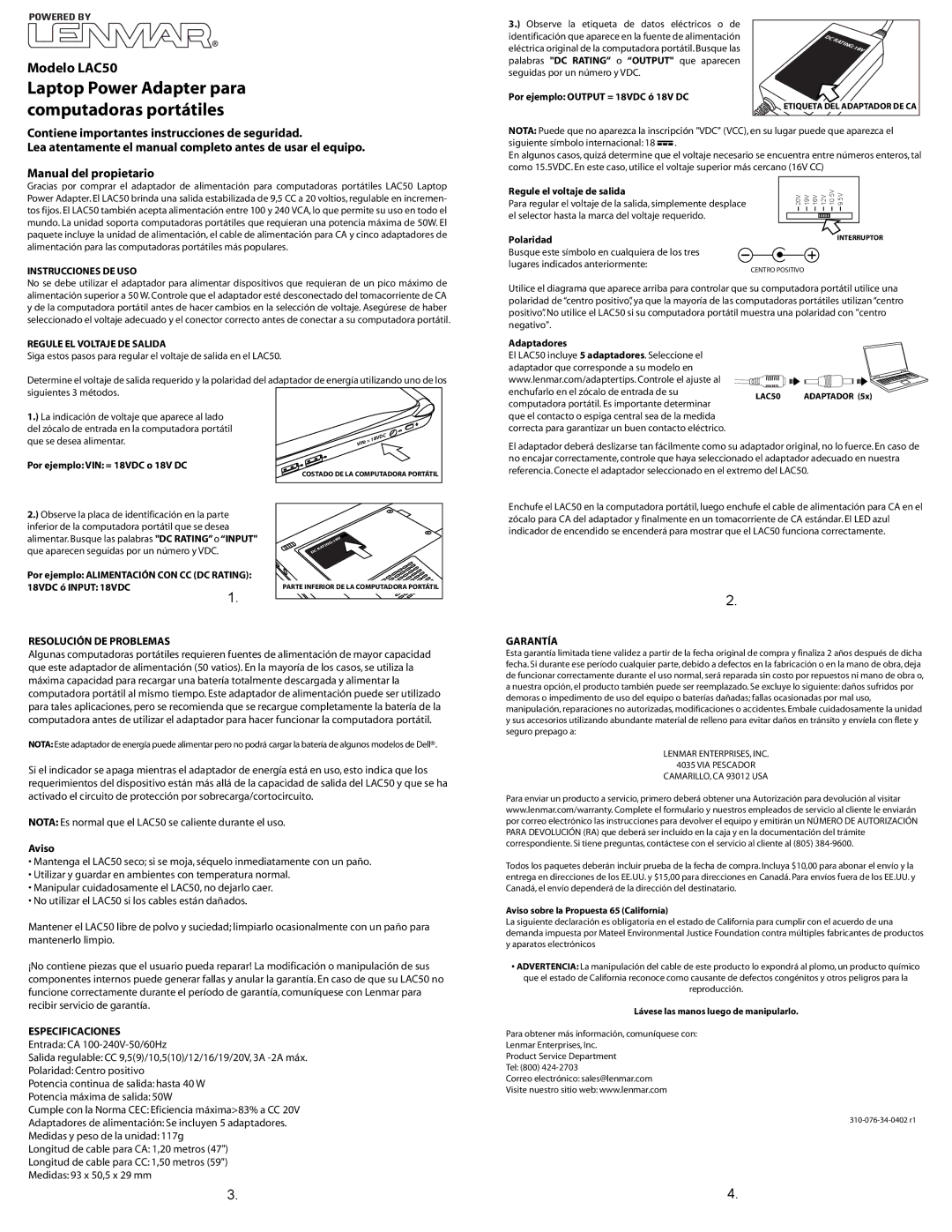 Lenmar Enterprises LAC50 Instrucciones DE USO, Regule EL Voltaje DE Salida, Resolución DE Problemas, Especificaciones 