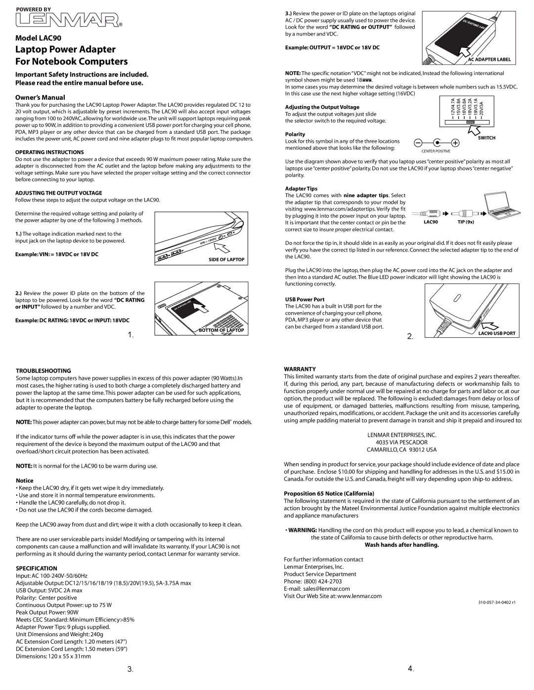 Lenmar Enterprises LAC90 important safety instructions Operating Instructions, Adjusting the Output Voltage, Specification 