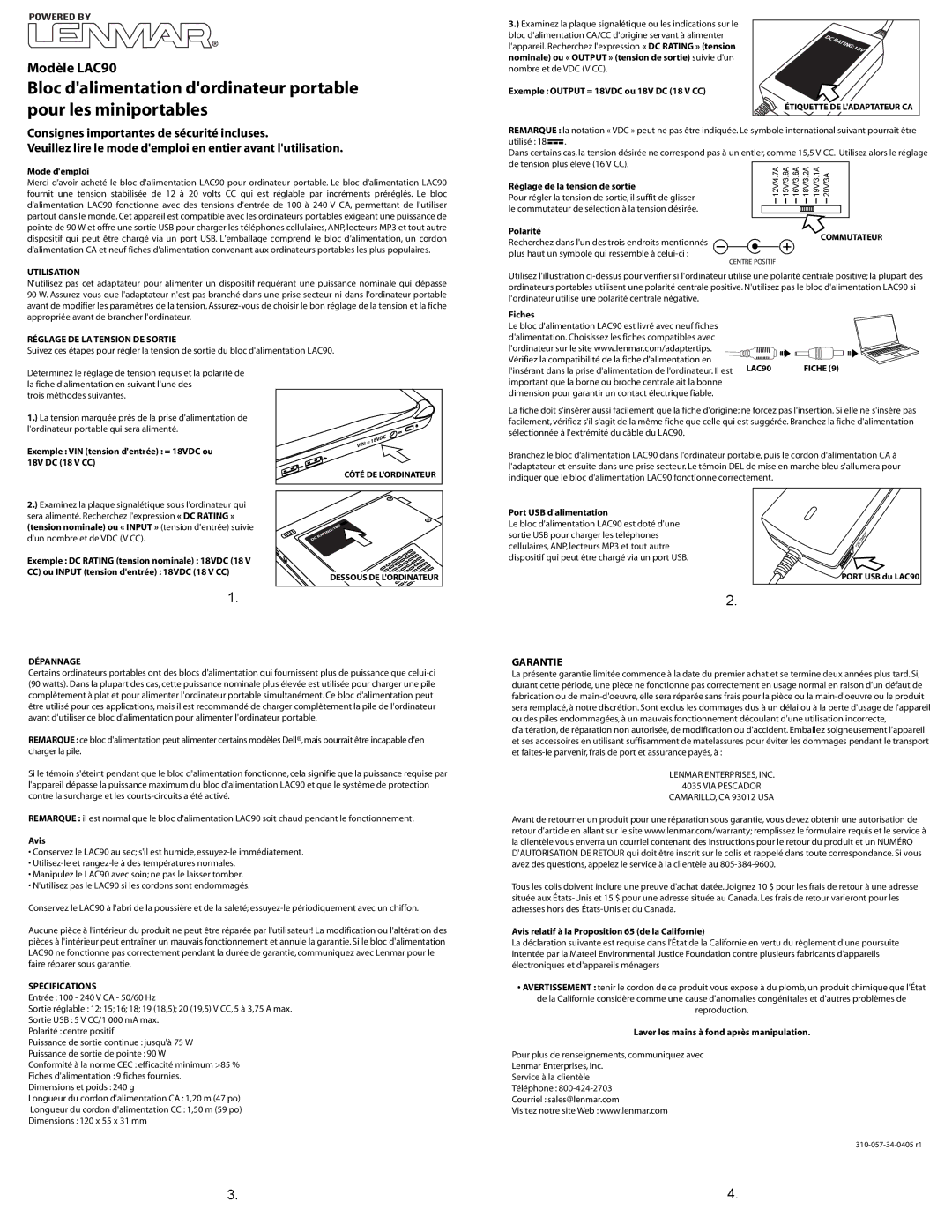 Lenmar Enterprises LAC90 Garantie, Utilisation, Réglage DE LA Tension DE Sortie, Dépannage, Spécifications 