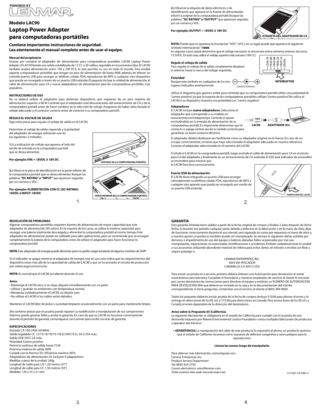 Lenmar Enterprises LAC90 Garantía, Instrucciones DE USO, Regule EL Voltaje DE Salida, Resolución DE Problemas 