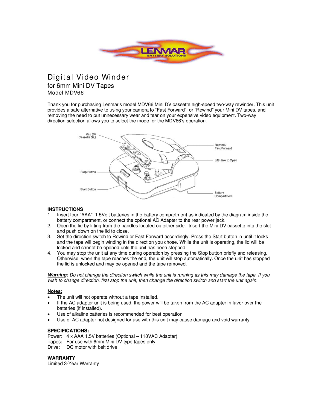 Lenmar Enterprises warranty Digital Video Winder, For 6mm Mini DV Tapes, Model MDV66 