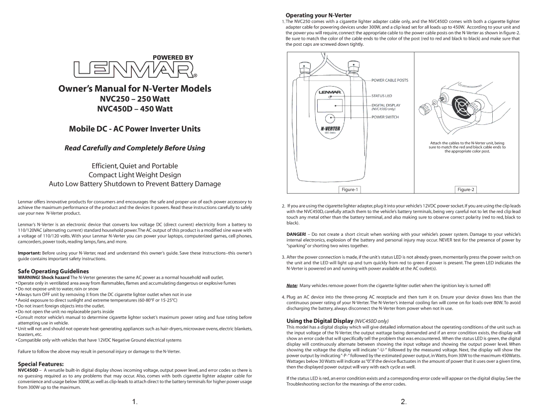 Lenmar Enterprises NVC450D, NVC250 owner manual Safe Operating Guidelines, Special Features, Operating your N-Verter 