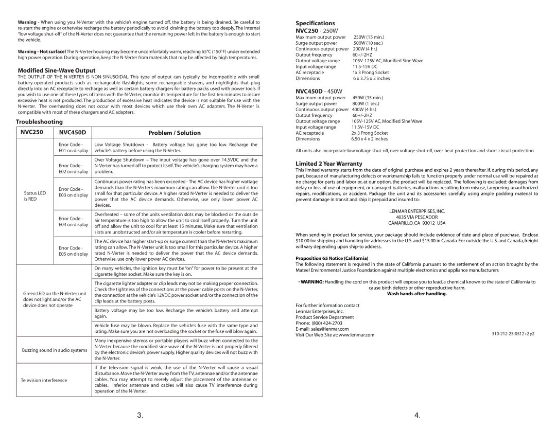 Lenmar Enterprises Modified Sine-Wave Output, Troubleshooting NVC250, Problem / Solution, Specifications NVC250 250W 