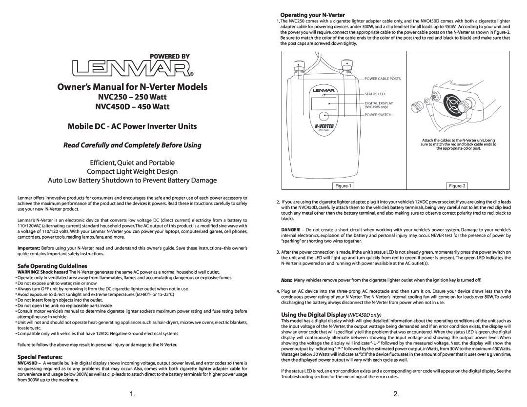 Lenmar Enterprises owner manual NVC250 - 250 Watt NVC450D - 450 Watt, Mobile DC - AC Power Inverter Units 