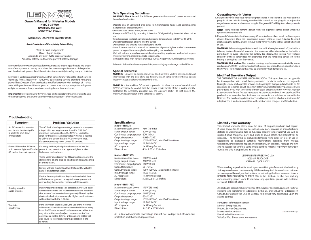 Lenmar Enterprises NVD175X, NVD75 specifications Troubleshooting Symptom Problem / Solution, Safe Operating Guidelines 