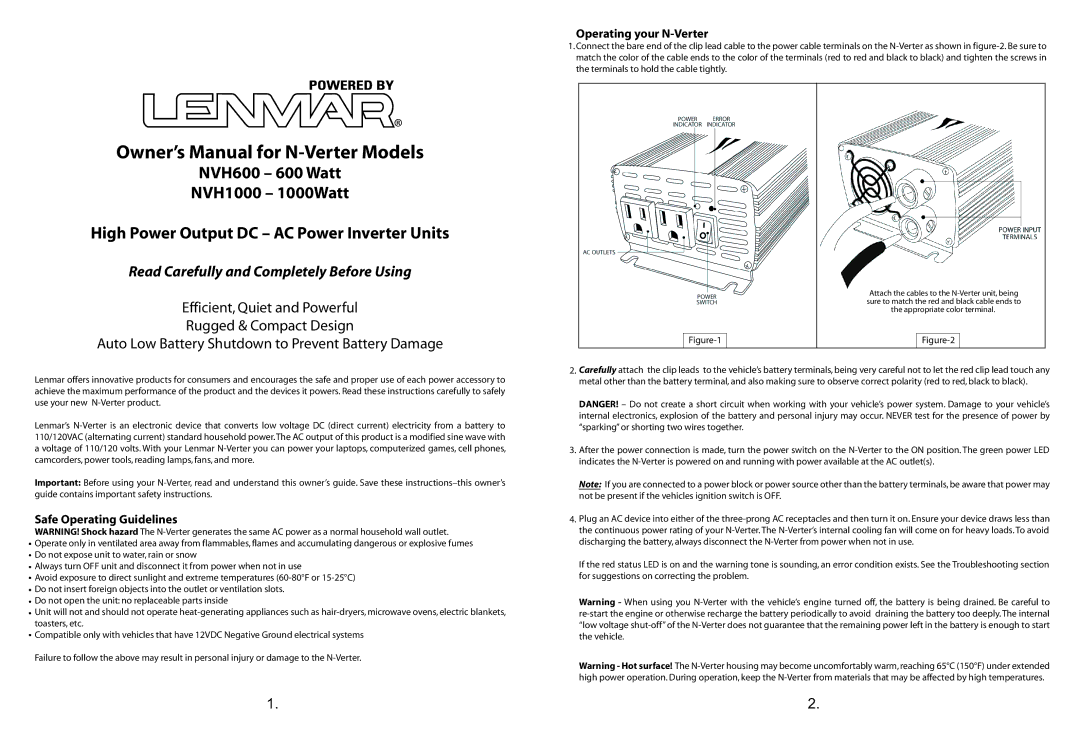 Lenmar Enterprises nvh600 owner manual Safe Operating Guidelines, Operating your N-Verter 