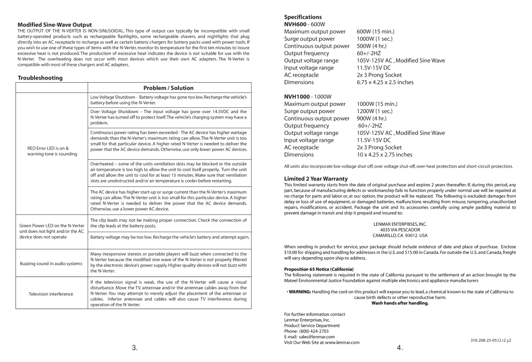 Lenmar Enterprises nvh600 Modified Sine-Wave Output, Troubleshooting Problem / Solution, Specifications NVH600 600W 
