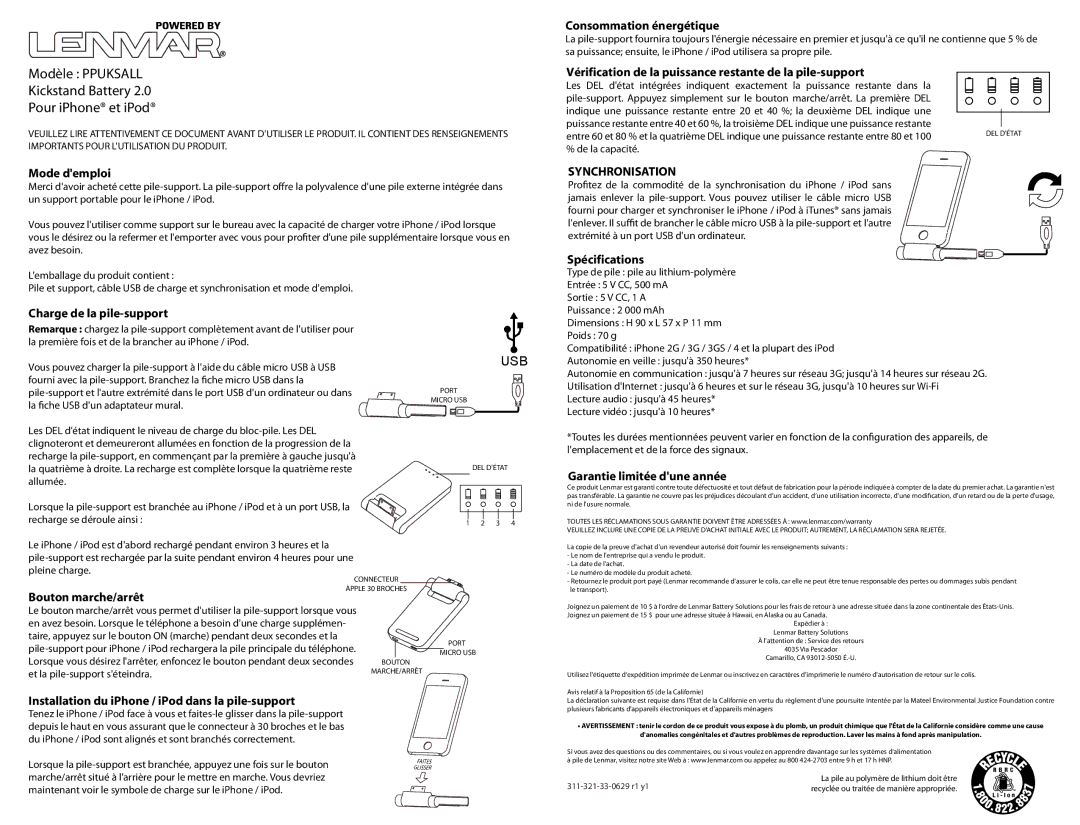 Lenmar Enterprises PPLIKSALL owner manual Modèle Ppuksall Kickstand Battery Pour iPhone et iPod 
