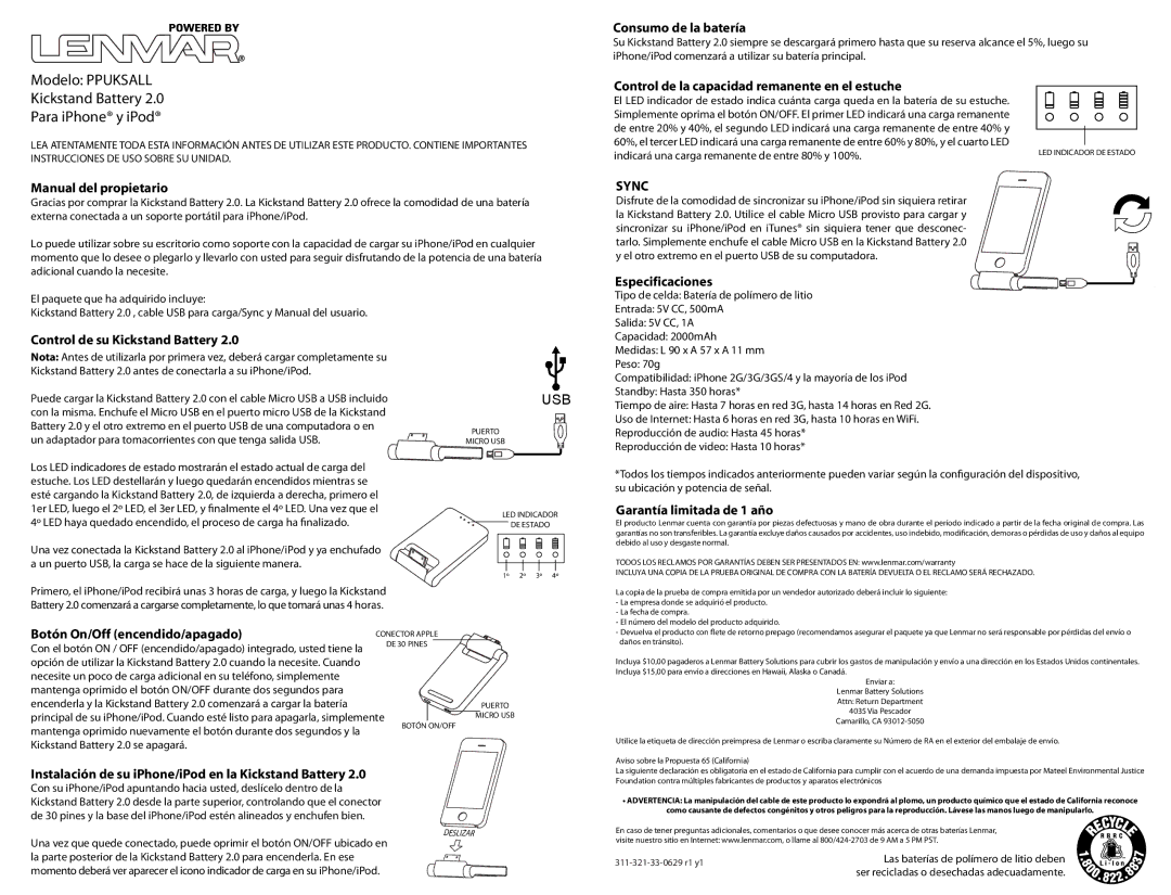 Lenmar Enterprises PPLIKSALL owner manual Modelo Ppuksall Kickstand Battery Para iPhone y iPod 