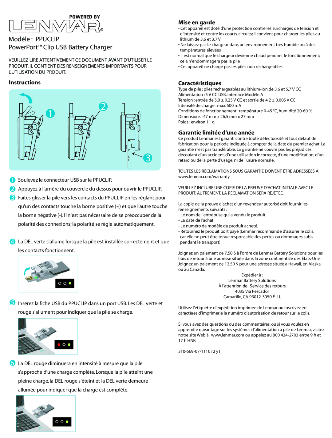 Lenmar Enterprises PPUCLIP Modèle Ppuclip PowerPort Clip USB Battery Charger, Mise en garde, Instructions Caractéristiques 