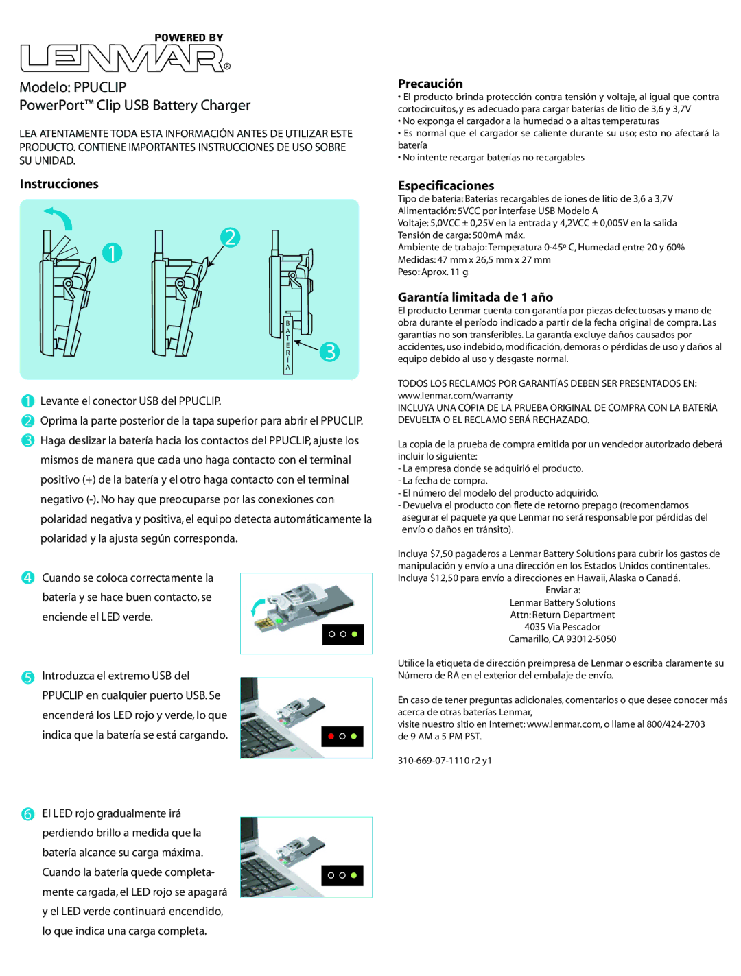 Lenmar Enterprises PPUCLIP Modelo Ppuclip PowerPort Clip USB Battery Charger, Precaución, Instrucciones Especificaciones 