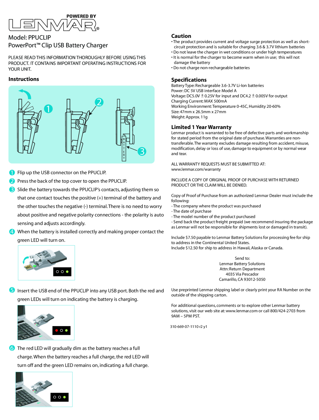 Lenmar Enterprises specifications Model PPUCLIP PowerPort Clip USB Battery Charger, Instructions, Specifications 