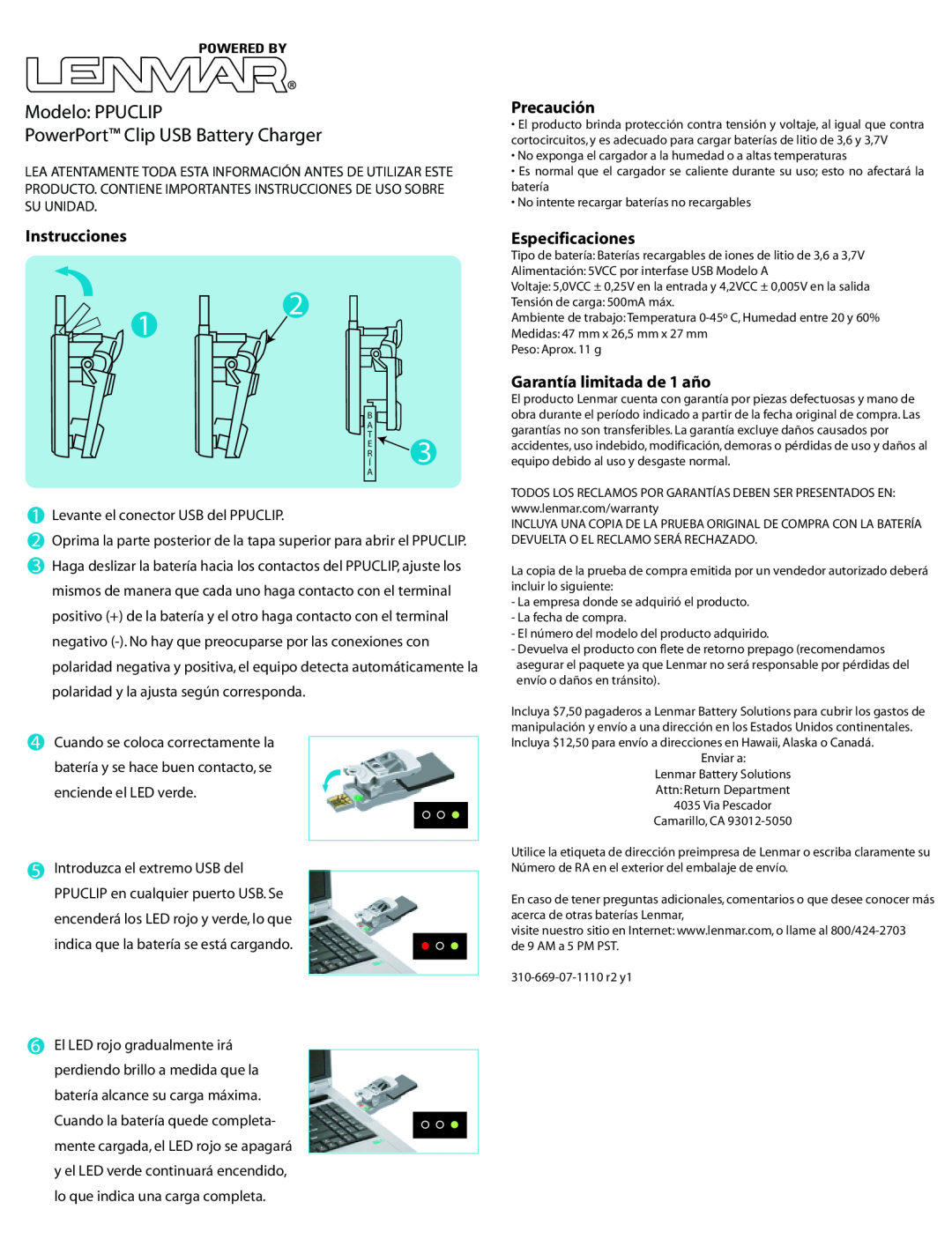 Lenmar Enterprises Modelo PPUCLIP PowerPort Clip USB Battery Charger, Precaución, Instrucciones, Especificaciones 