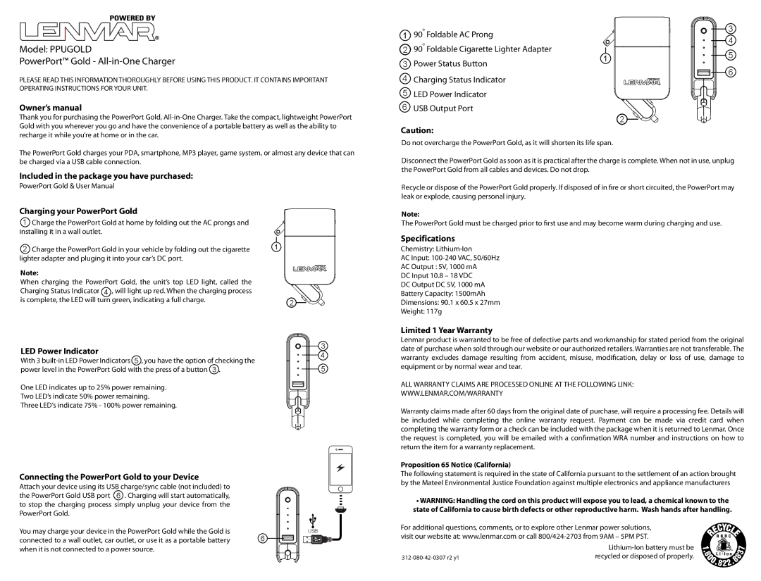 Lenmar Enterprises PPUGOLD owner manual Model Ppugold PowerPort Gold All-in-One Charger, LED Power Indicator 
