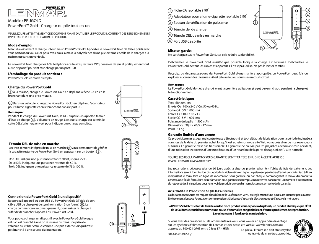 Lenmar Enterprises PPUGOLD owner manual Modèle Ppugold PowerPort Gold Chargeur de pile tout-en-un 