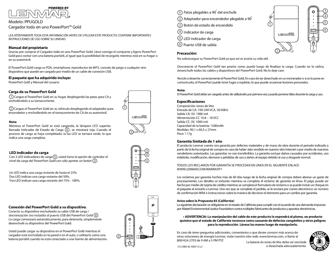 Lenmar Enterprises PPUGOLD owner manual Modelo Ppugold Cargador todo en uno PowerPort Gold 